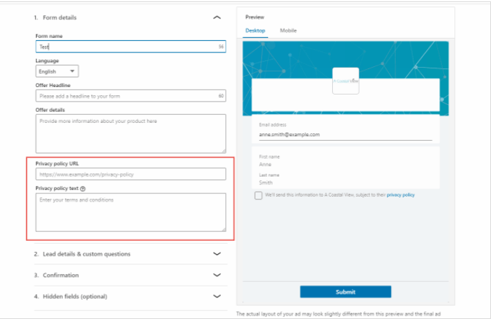 LinkedIn广告推广——创建销售线索表格