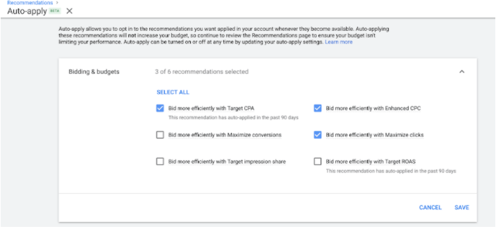 Google广告平台:建议和优化得分- 自动采纳建议